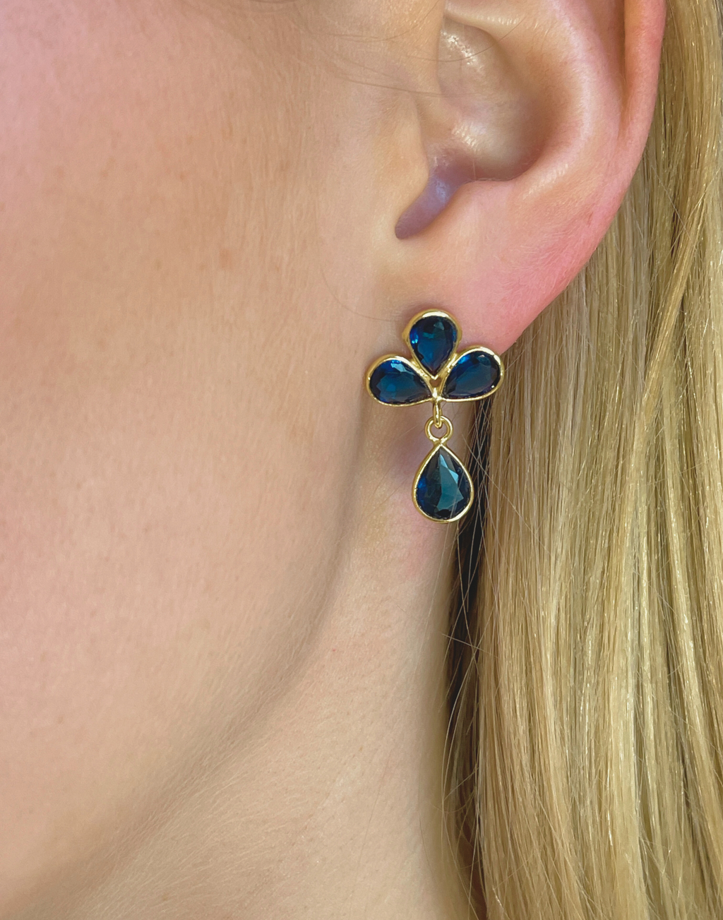 Petal Dark Blue Topaz Gold Earrings