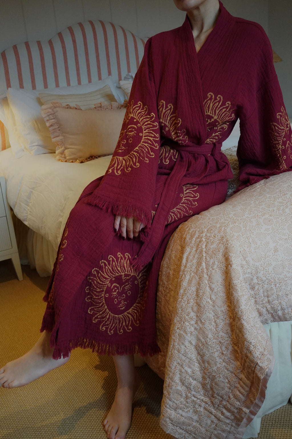 Long Organic Cotton Robe: Merlot with Gold Sun