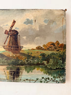Landscape with Windmill: 19th Century Unframed Oil on Canvas