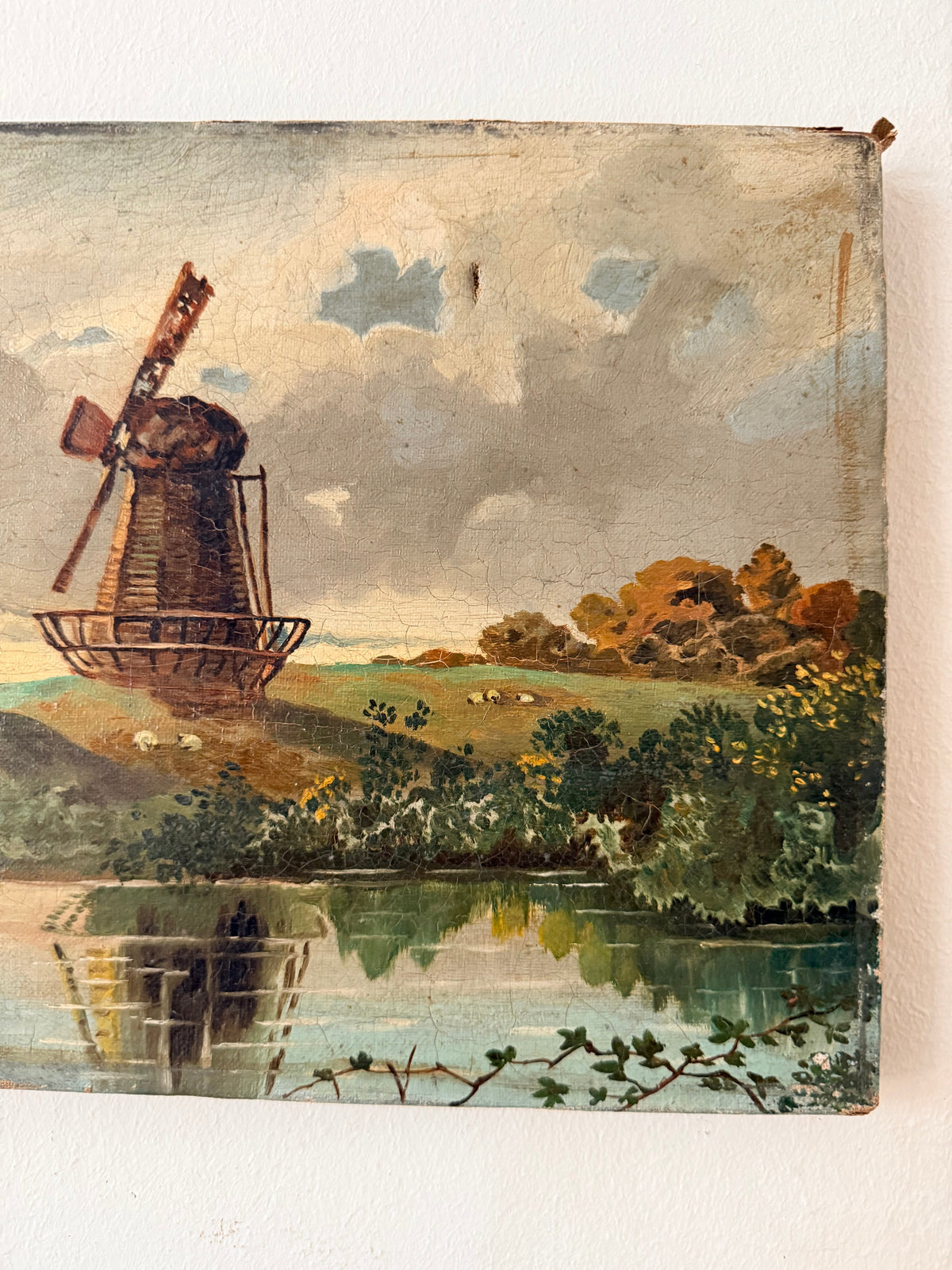 Landscape with Windmill: 19th Century Unframed Oil on Canvas