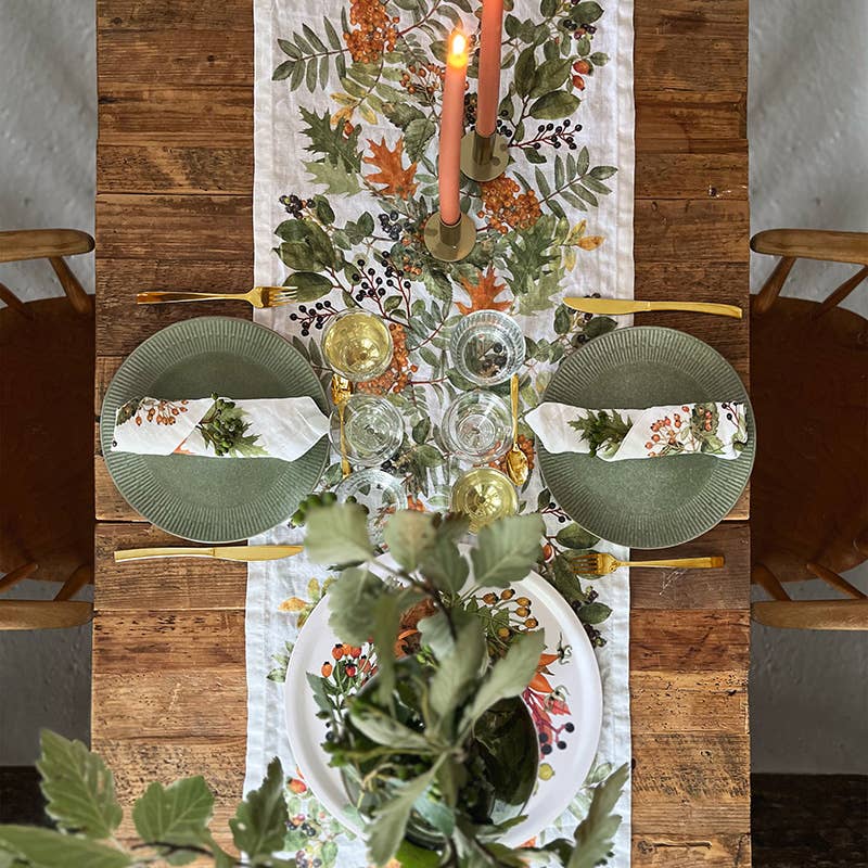 Linen Table Runner - Autumn Foliage & Berries | 145cm