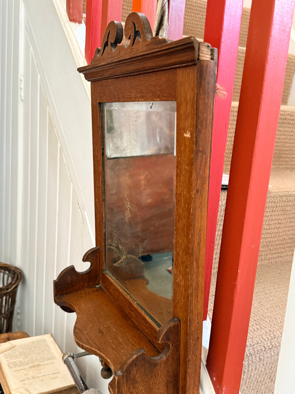 1920s French Oak Vanity or Shaving Mirror with Towel Rail