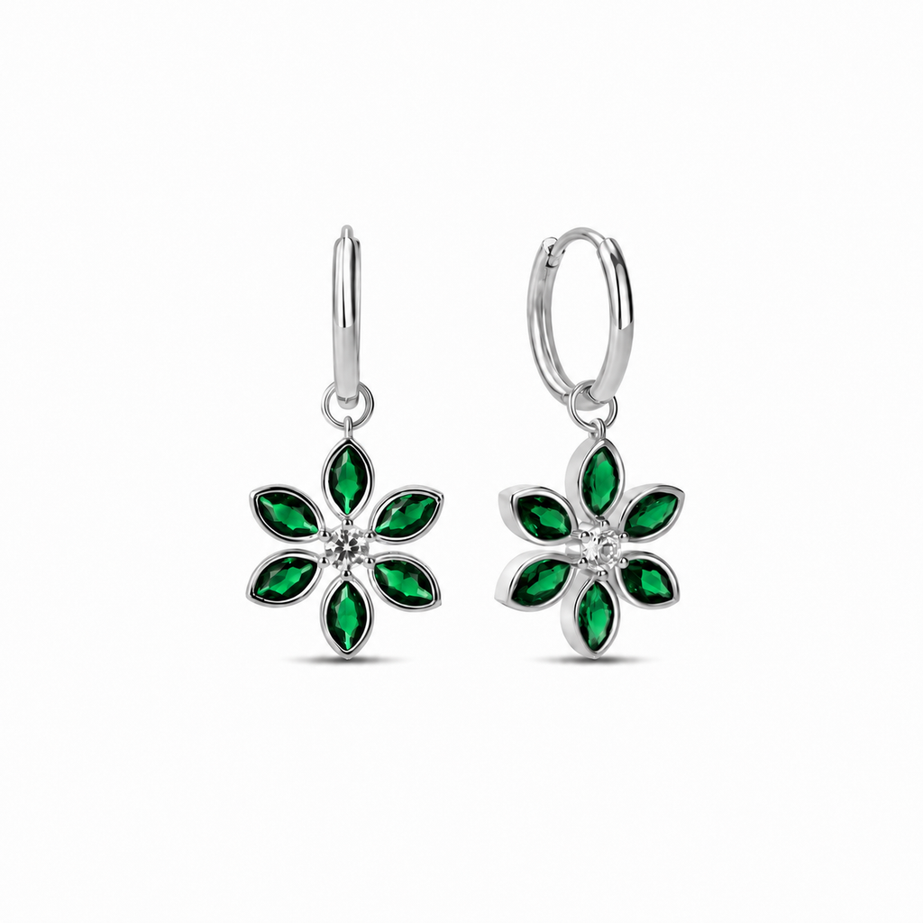 Floral Hoops in Emerald and White cubic Zirconia
