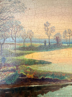 A Lake at Sunset: 19th Century Unframed Oil on Canvas