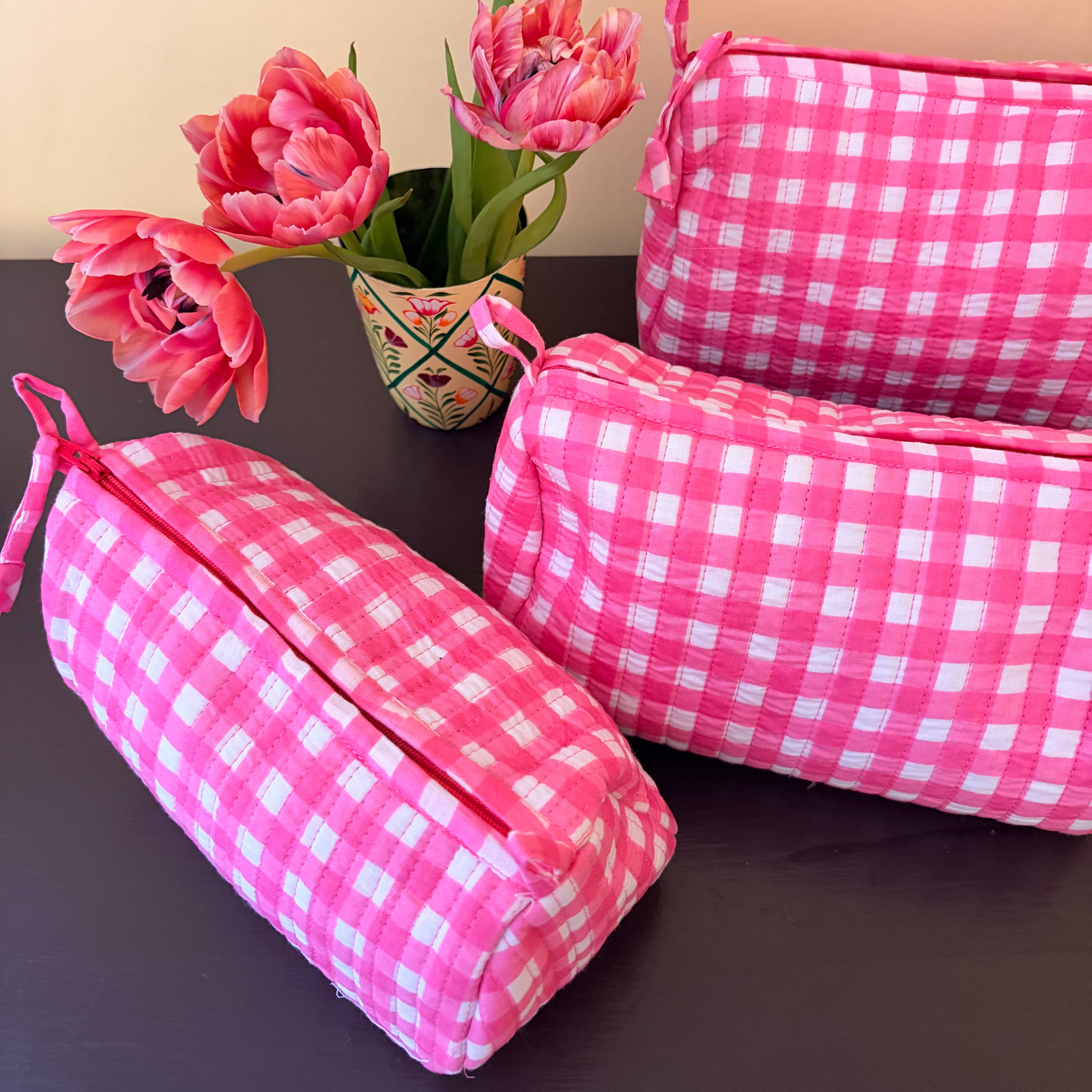 PINK CHECK cosmetic bag