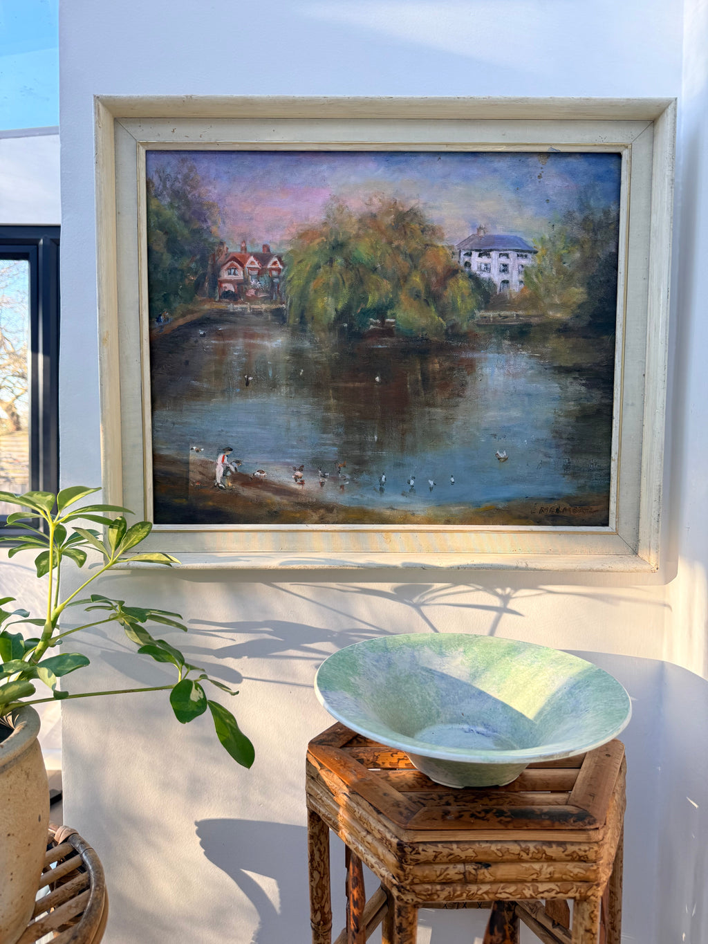 Feeding the Ducks: Mid 20th Century Signed Oil on Board