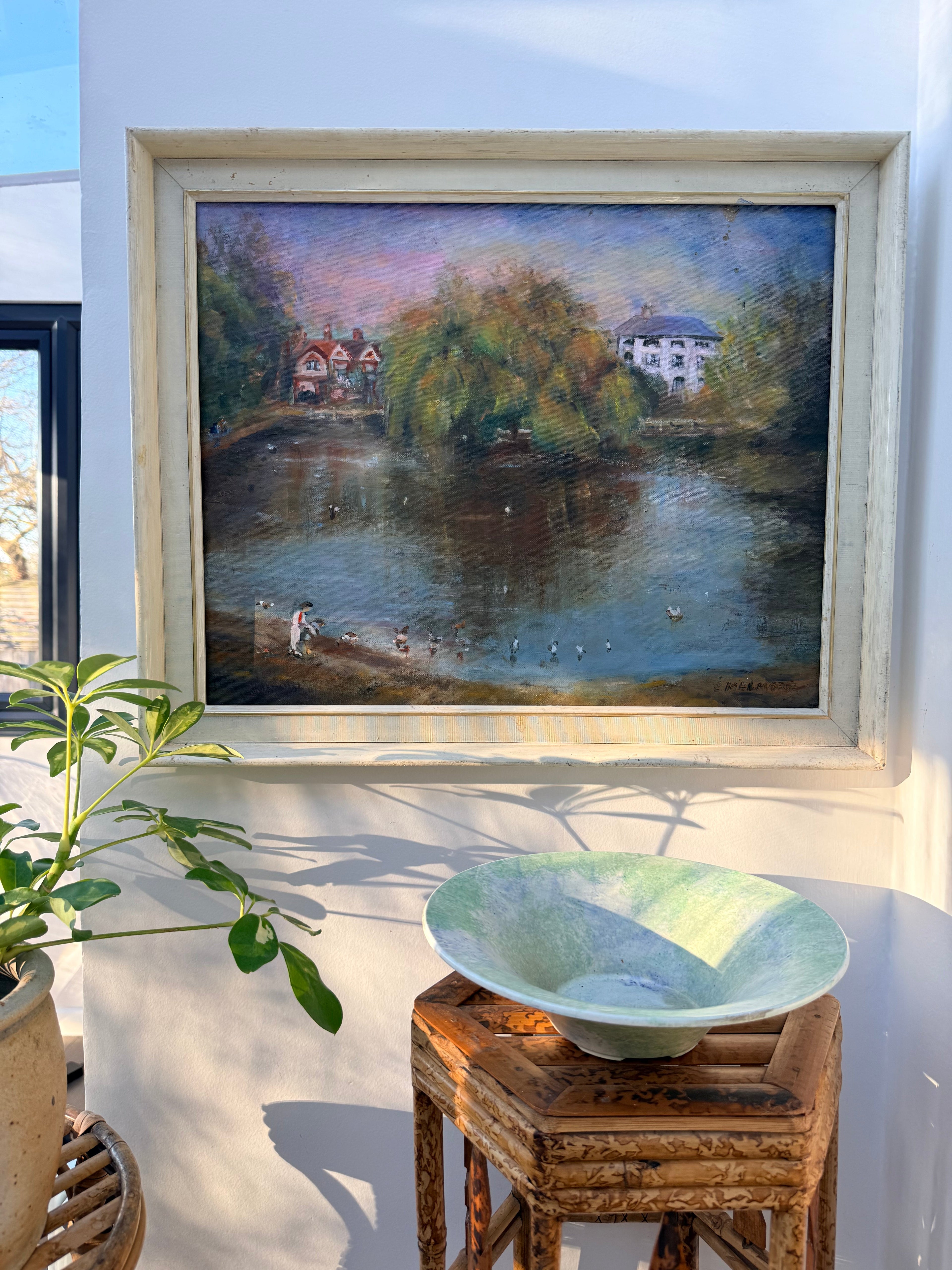 Feeding the Ducks: Mid 20th Century Signed Oil on Board