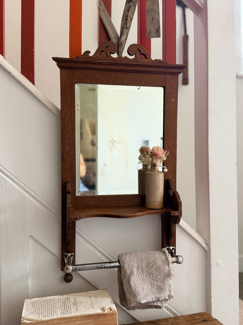 1920s French Oak Vanity or Shaving Mirror with Towel Rail