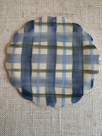 Gingham check hand shaped ceramic plate with scalloped edge