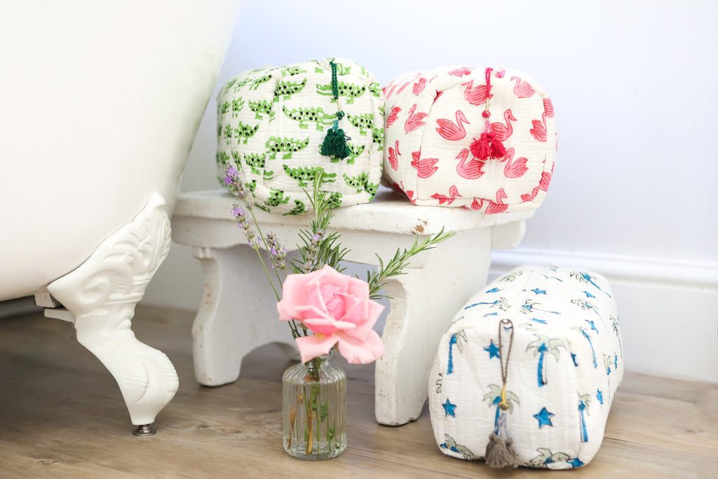 Crocodile wash bag block print cotton with waterproof lining