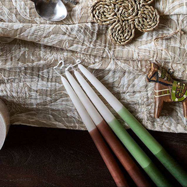 2 Tapered Dinner Candles | Dark Green & Ivory Ombre