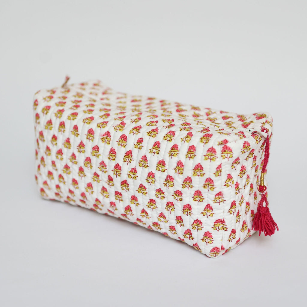 Pink flower wash bag block print cotton with waterproof lining -HALF PRICE