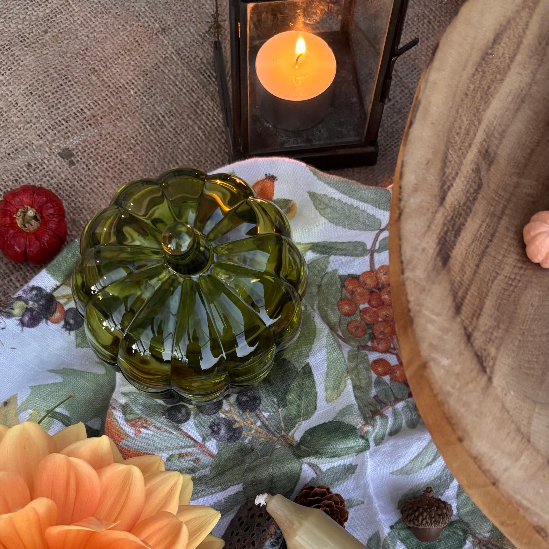 Decorative Autumnal Pumpkin Glass Trinket Dish W/Lid