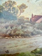 Landscape with Windmill: 19th Century Unframed Oil on Canvas
