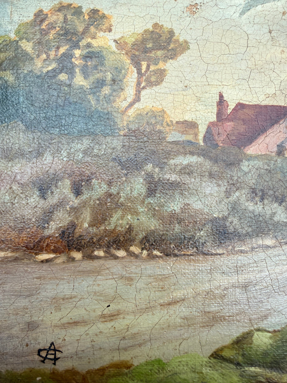 Landscape with Windmill: 19th Century Unframed Oil on Canvas