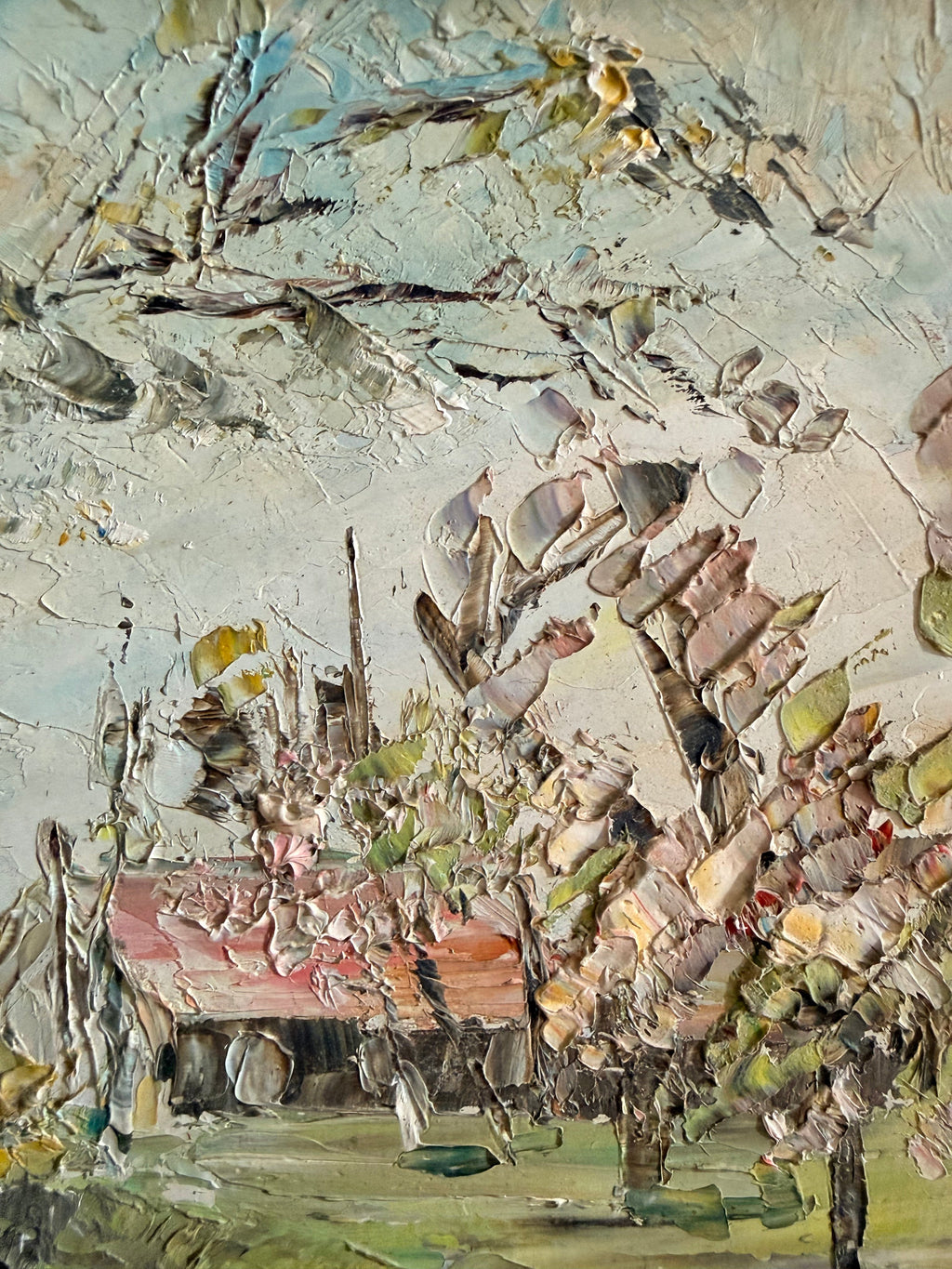 Roses: 1930s Double-Sided Painting with Blossom Trees on the Reverse and Original Gilt Frame
