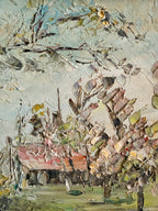 Roses: 1930s Double-Sided Painting with Blossom Trees on the Reverse and Original Gilt Frame