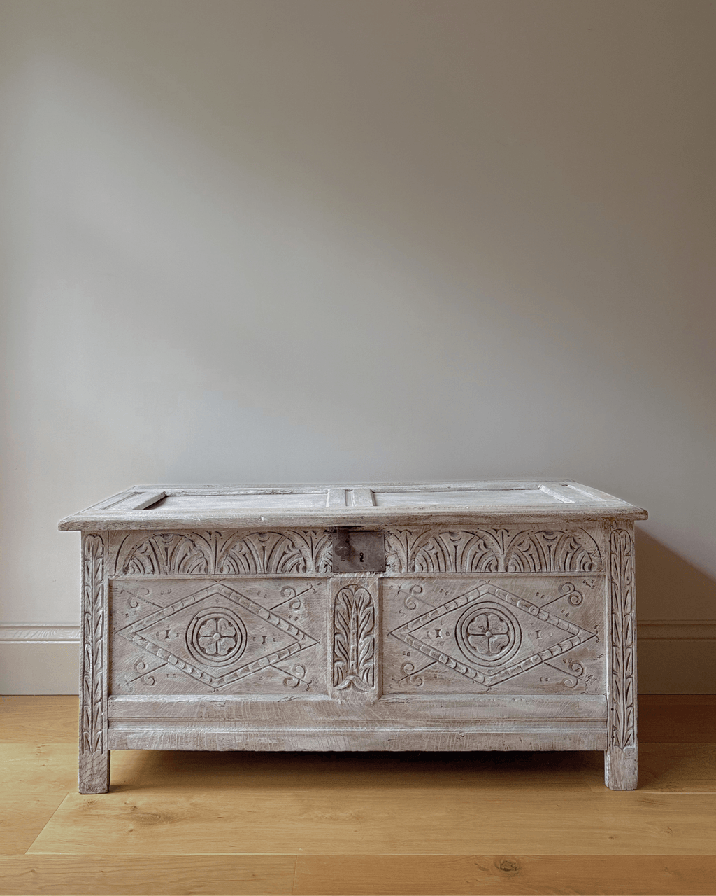 Lime Washed Carved Oak Blanket Box