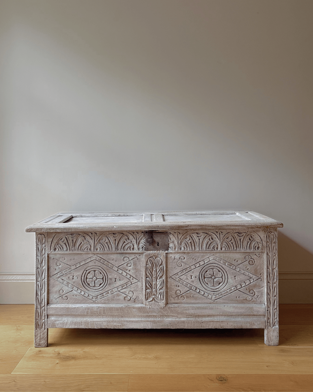 Lime Washed Carved Oak Blanket Box