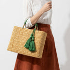 Woven Reed Market Basket - Leather Handles & Tassels: Green