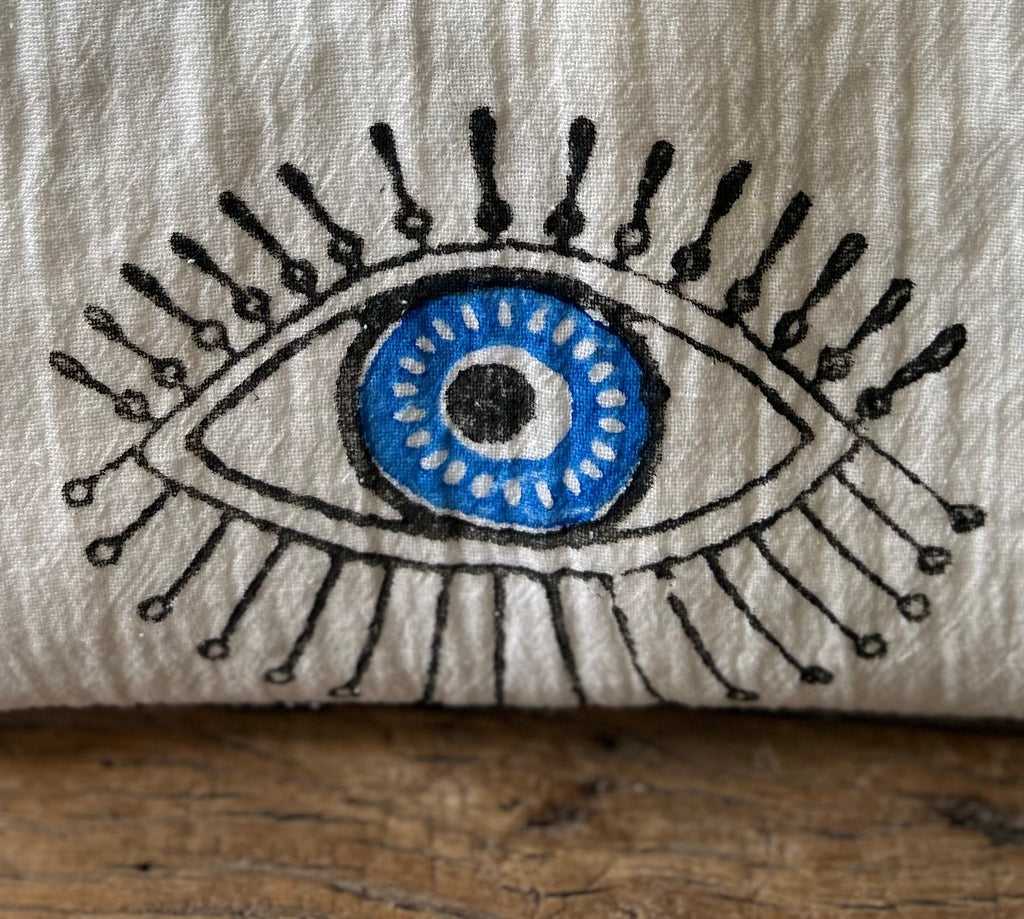 Long Cotton Robe: White with Blue Eye