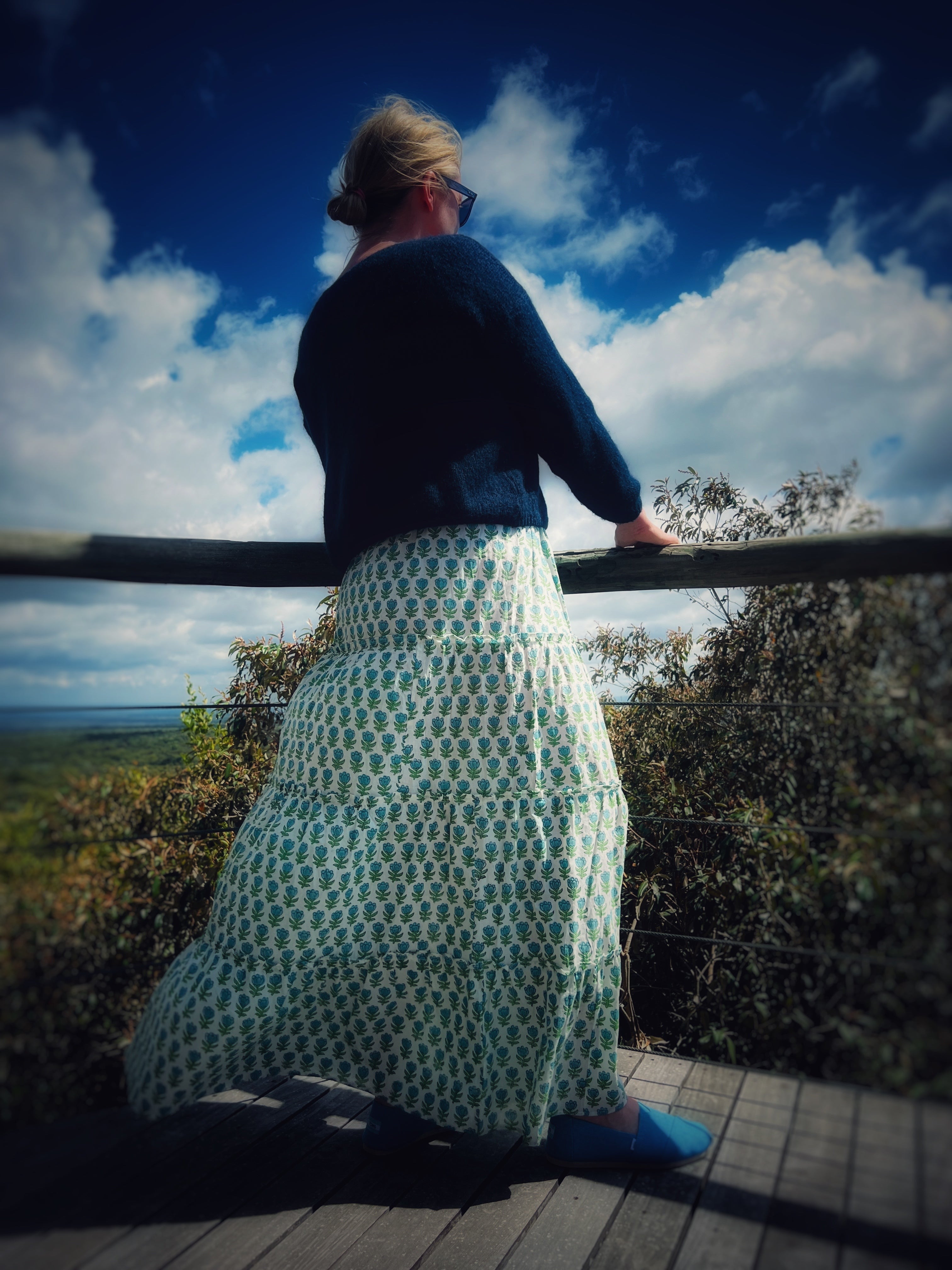 Blue lotus block print cotton maxi skirt