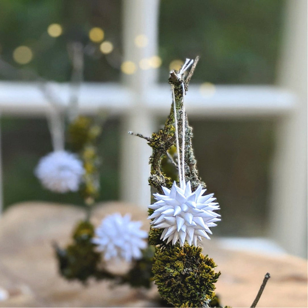 6 White Spiky Paper Bauble Decorations | Fair Trade