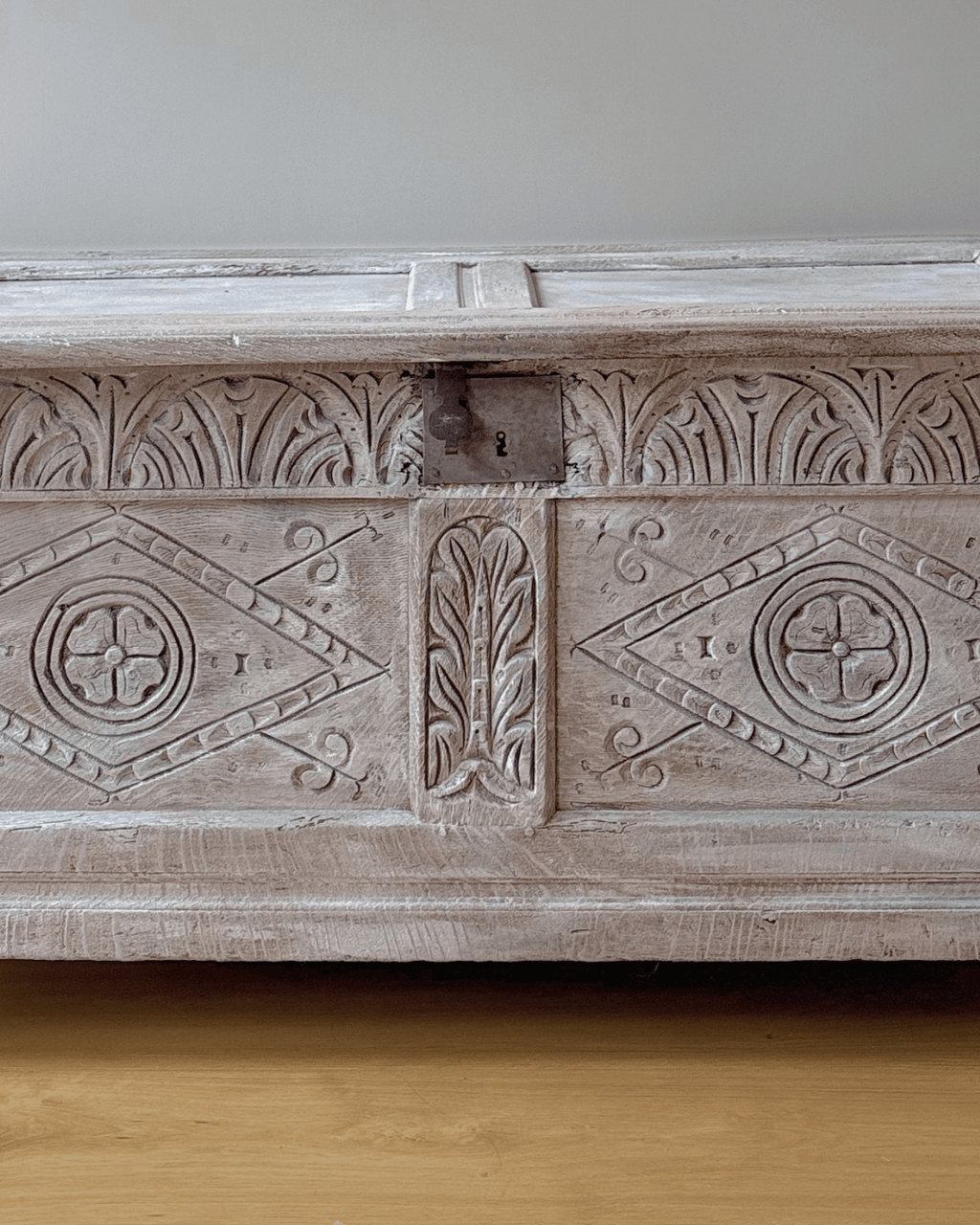 Lime Washed Carved Oak Blanket Box