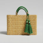 Woven Reed Market Basket - Leather Handles & Tassels: Green