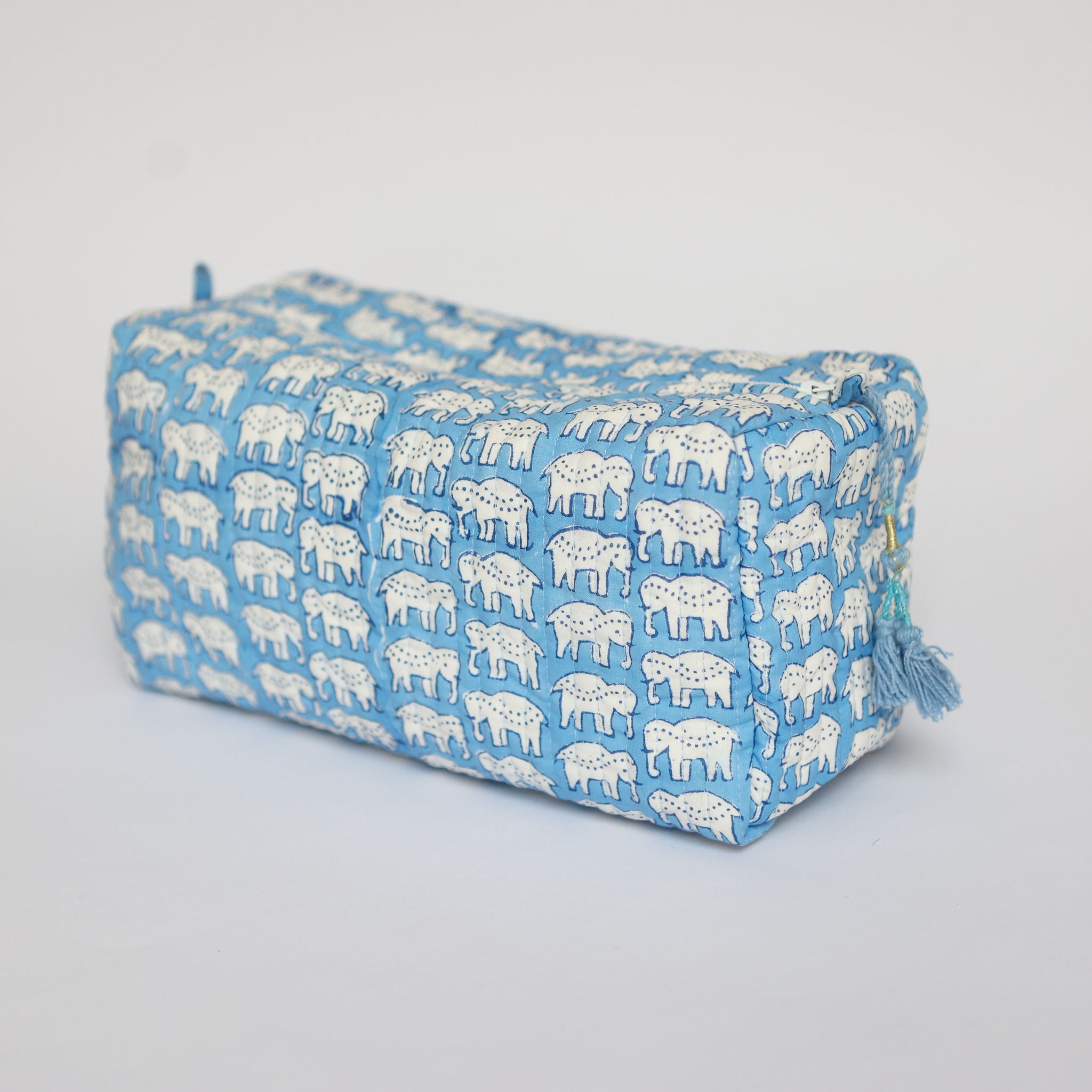 Blue elephant wash bag block print cotton with waterproof lining