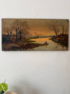 A Lake at Sunset: 19th Century Unframed Oil on Canvas