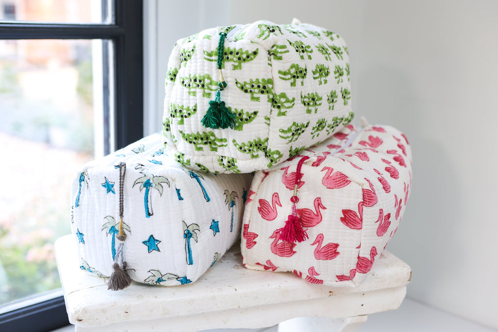 Crocodile wash bag block print cotton with waterproof lining