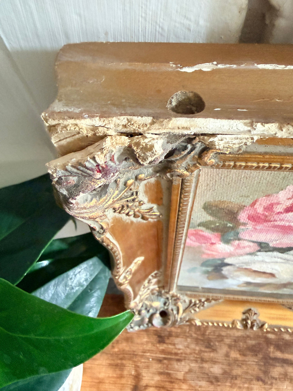 Roses: 1930s Double-Sided Painting with Blossom Trees on the Reverse and Original Gilt Frame