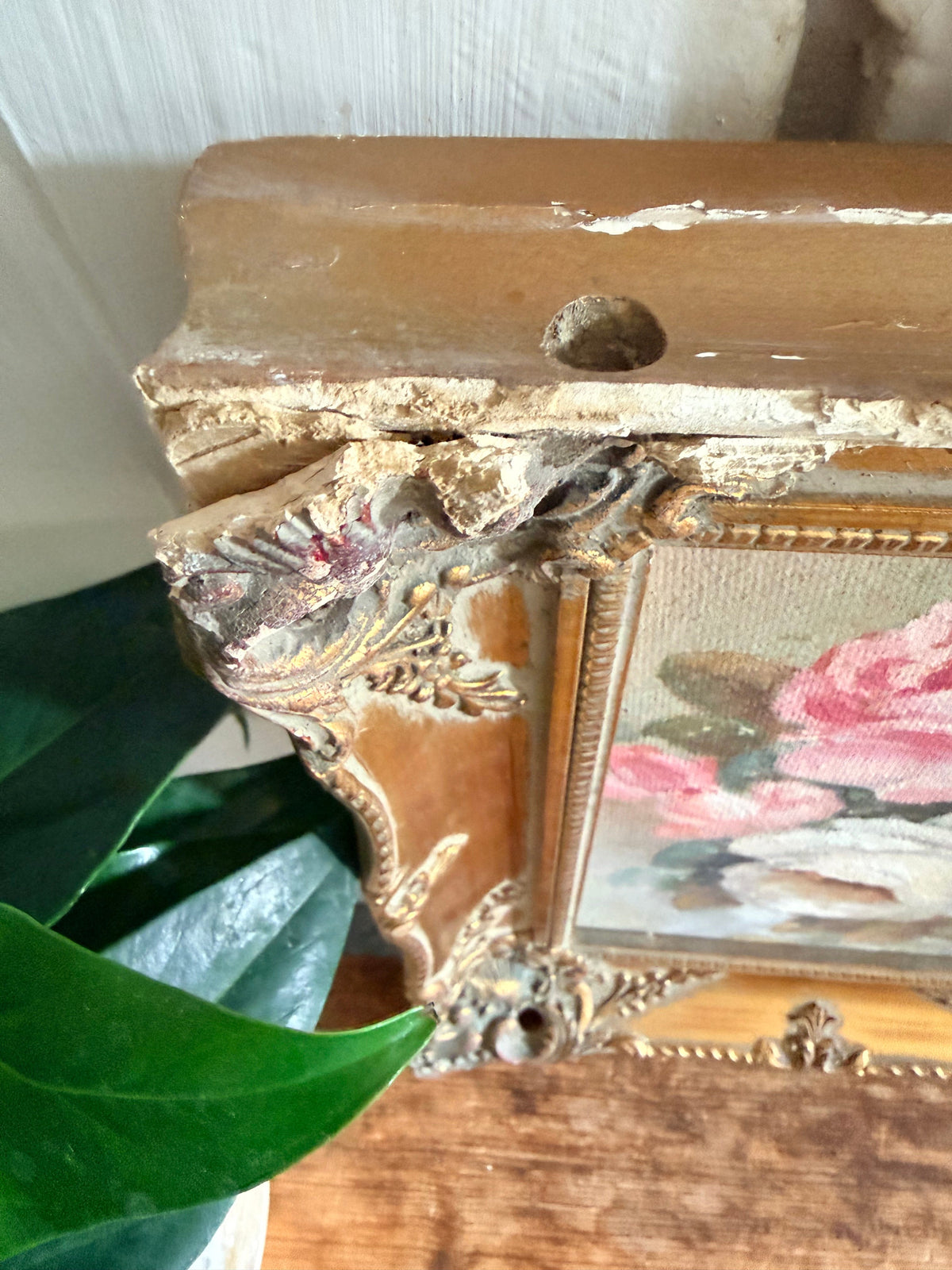 Roses: 1930s Double-Sided Painting with Blossom Trees on the Reverse and Original Gilt Frame
