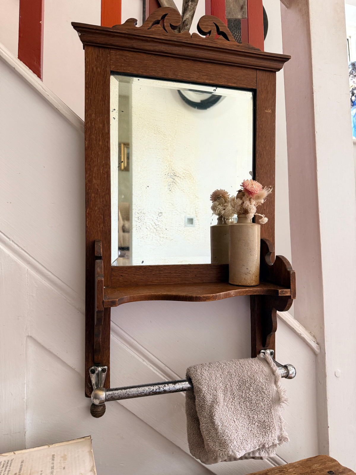 1920s French Oak Vanity or Shaving Mirror with Towel Rail