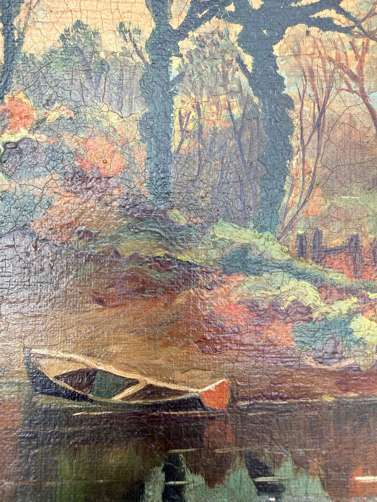 A Lake at Sunset: 19th Century Unframed Oil on Canvas