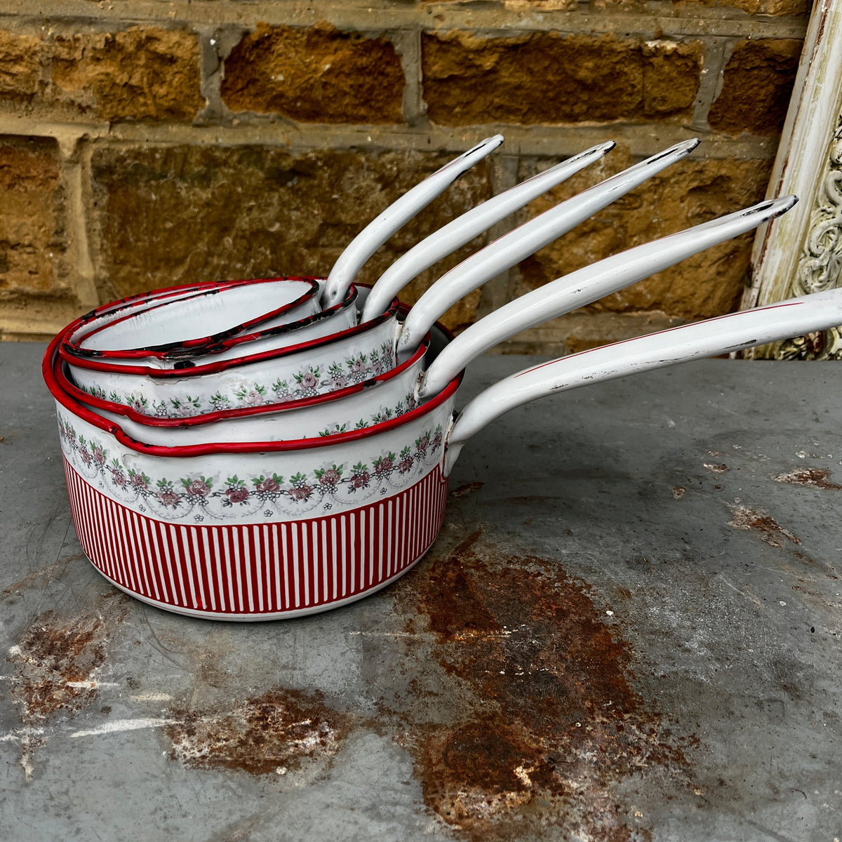 A Vintage Set of 5 Rare French Enamel Decorative Sauce Pans