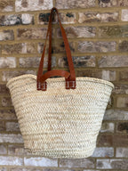 Handwoven Straw Market Bag with Long & Short Leather Handles