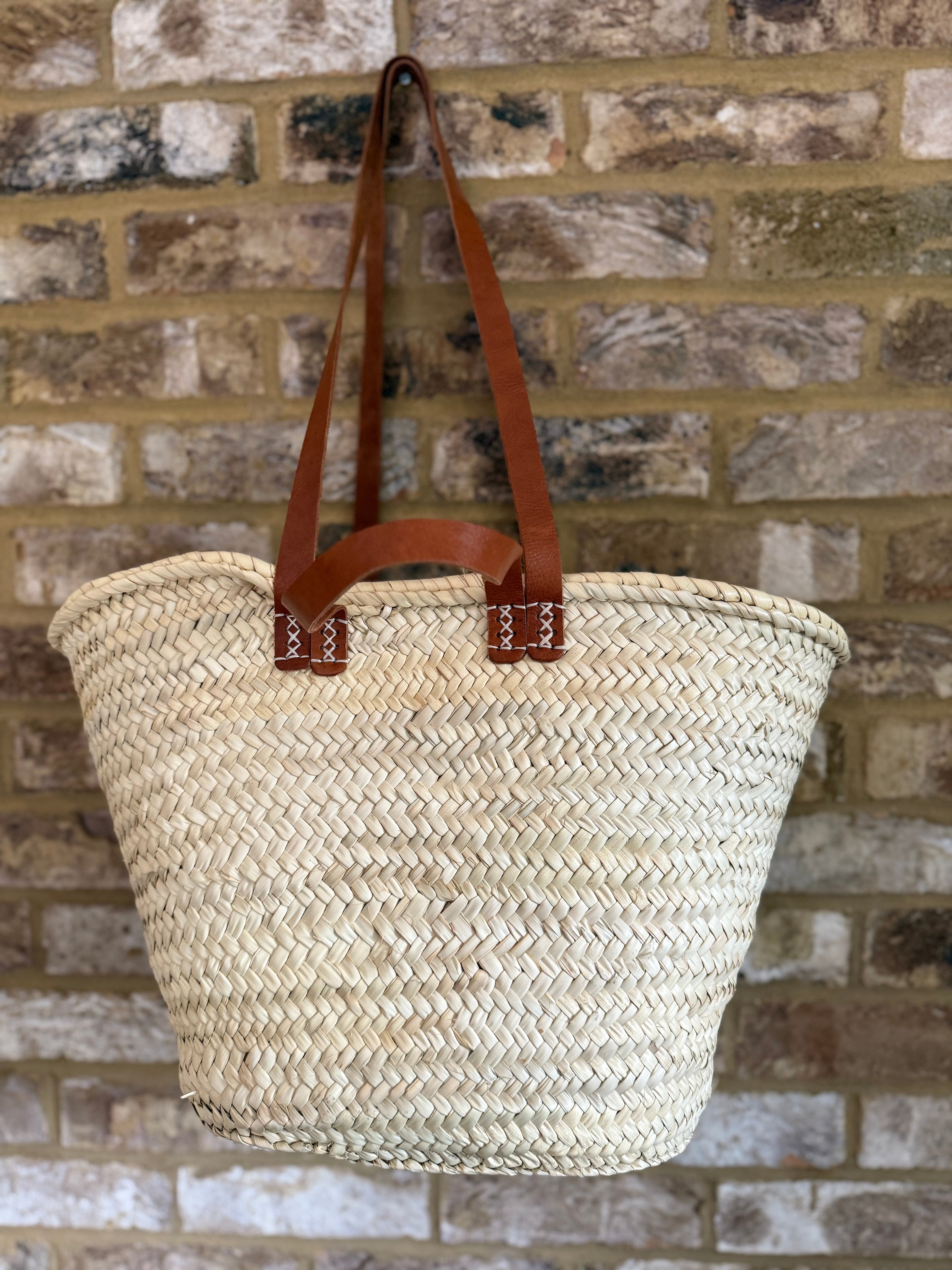 Handwoven Straw Market Bag with Long & Short Leather Handles