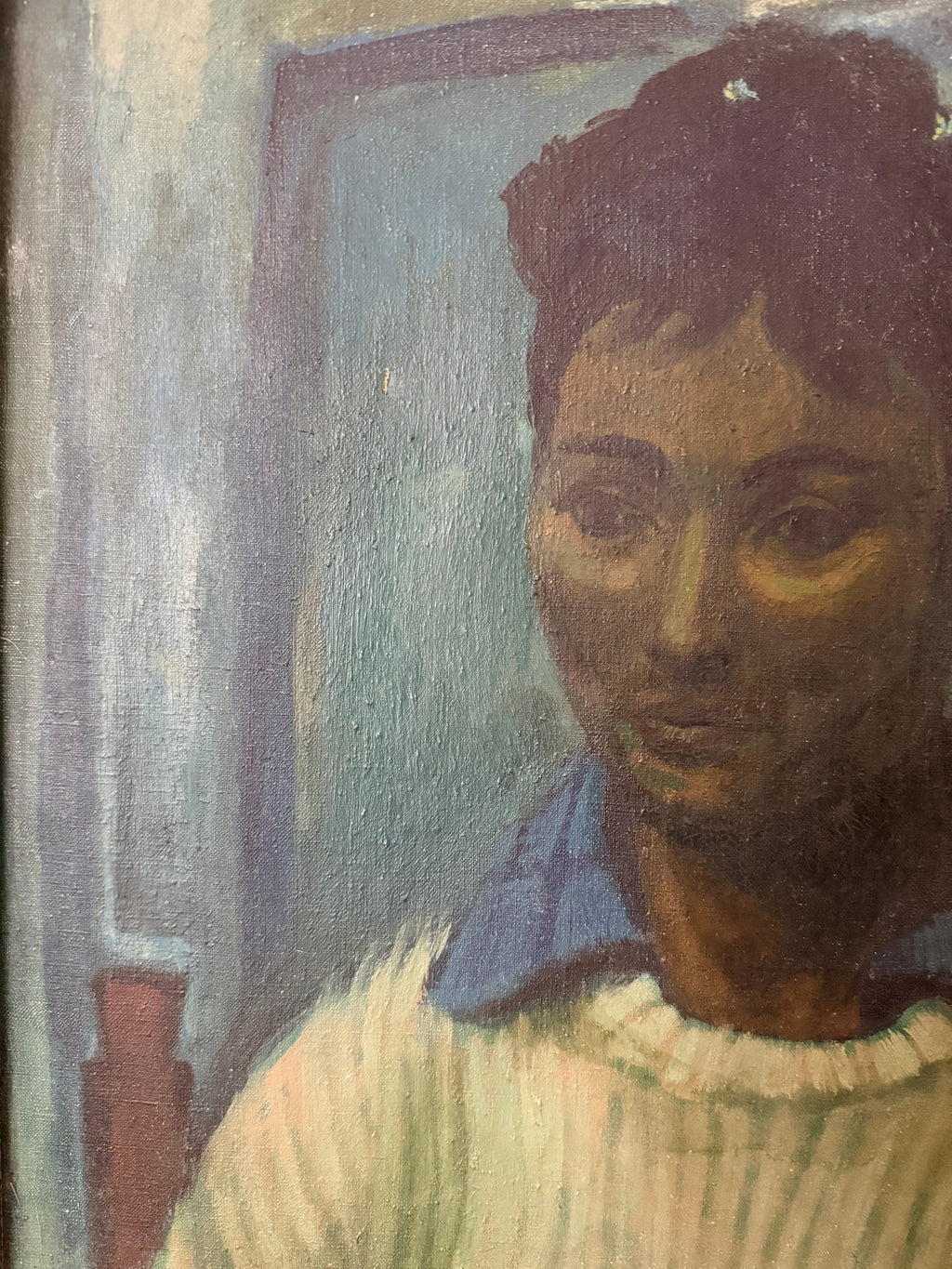 Midcentury Oil on Canvas: Portrait in Blue
