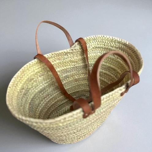Handwoven Straw Market Bag with Long & Short Leather Handles