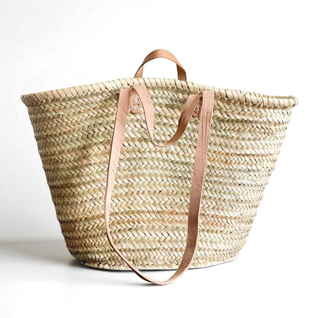 Handwoven Straw Market Bag with Long & Short Leather Handles