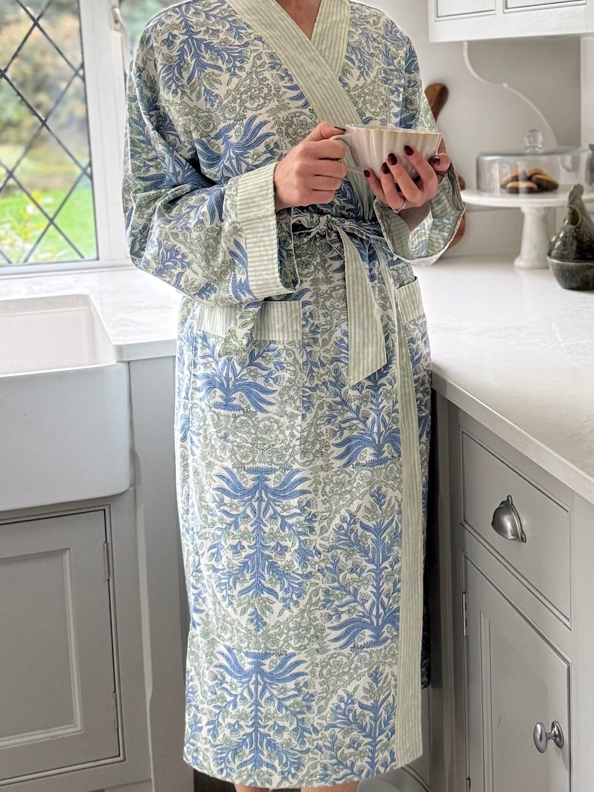 Reversible Hand Block Printed Cotton Robe - Meadow Mist