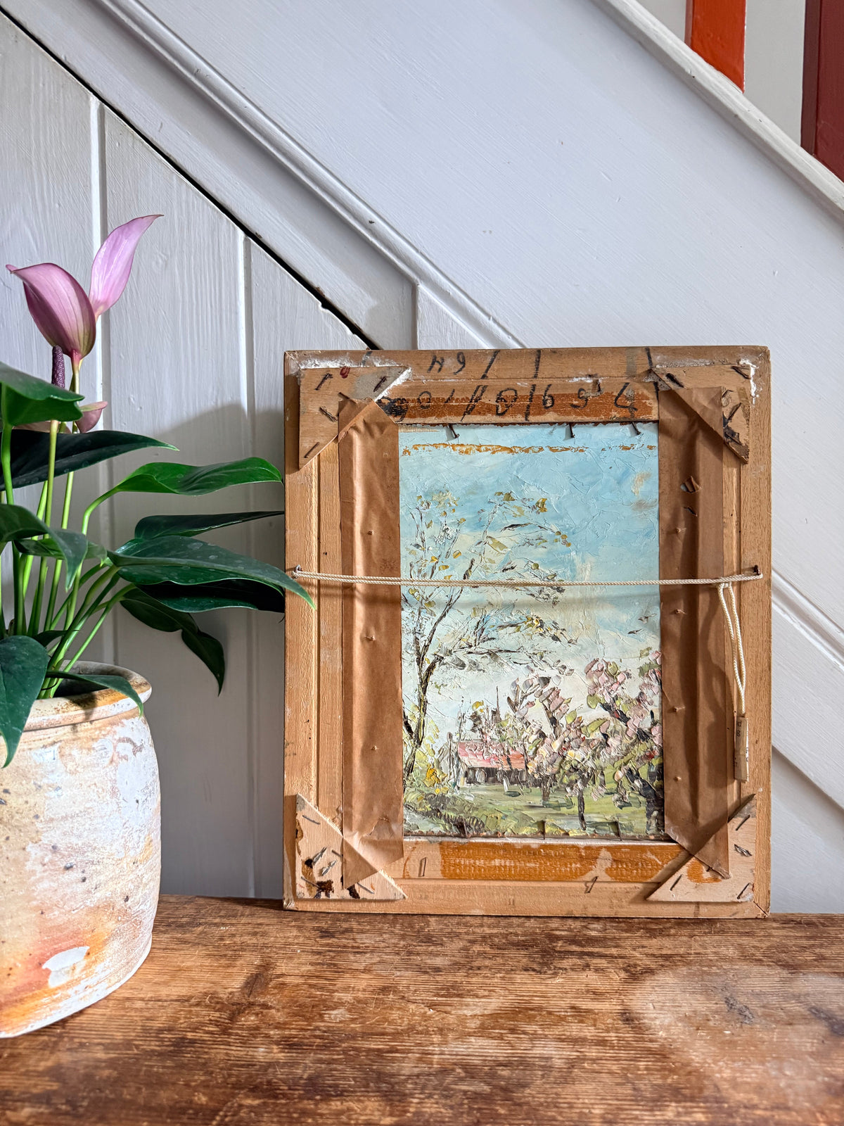 Roses: 1930s Double-Sided Painting with Blossom Trees on the Reverse and Original Gilt Frame