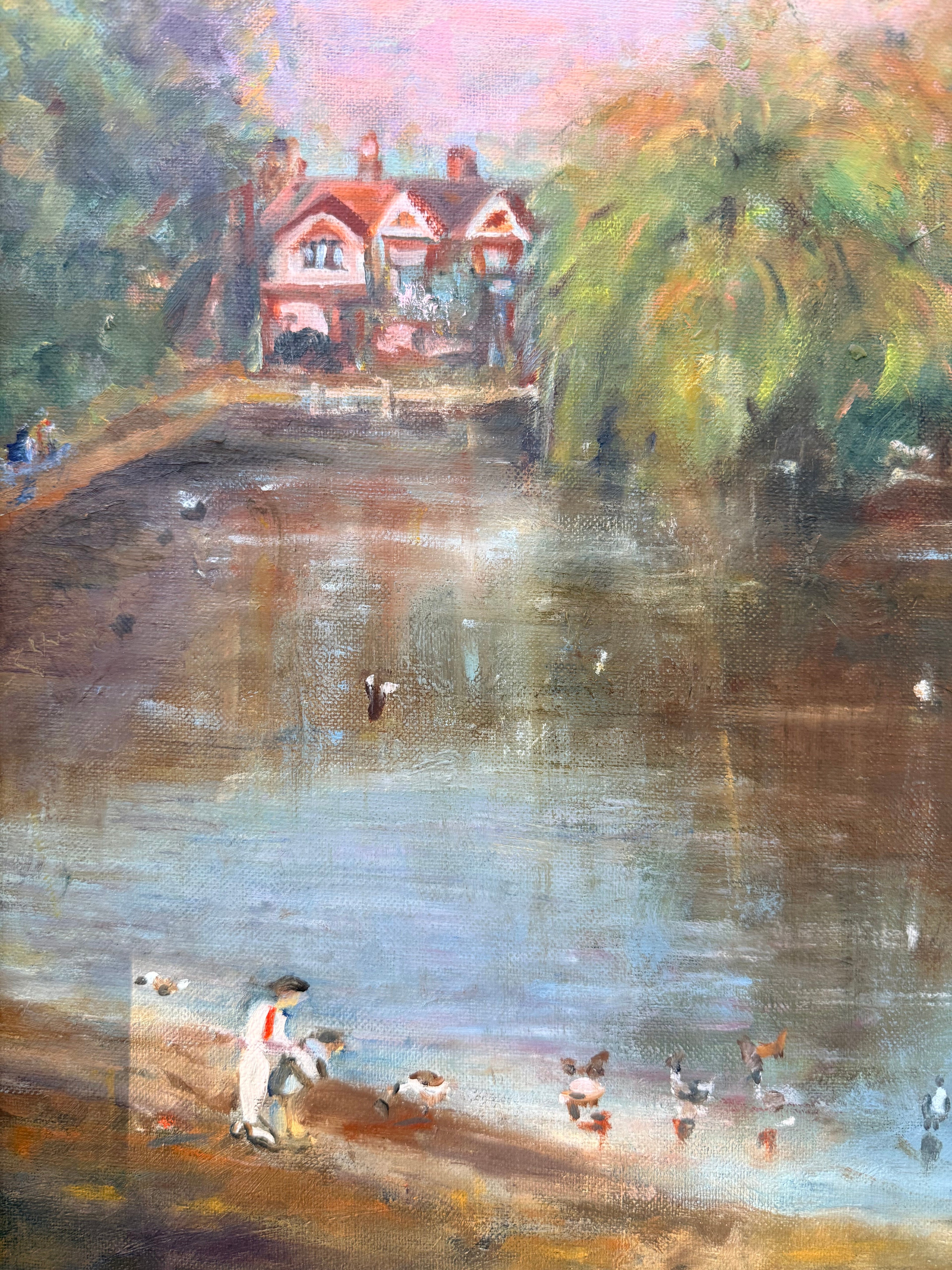 Feeding the Ducks: Mid 20th Century Signed Oil on Board