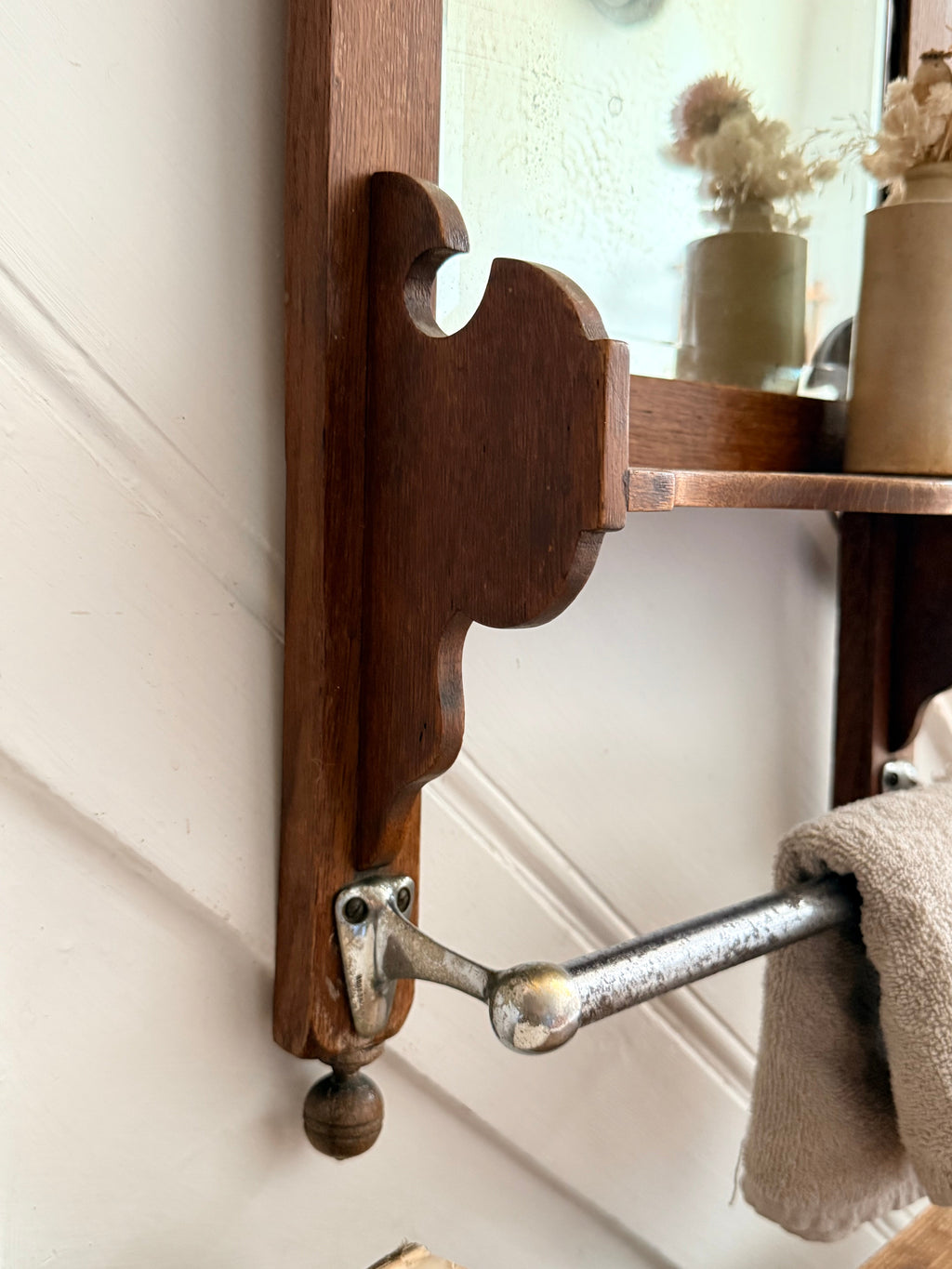 1920s French Oak Vanity or Shaving Mirror with Towel Rail