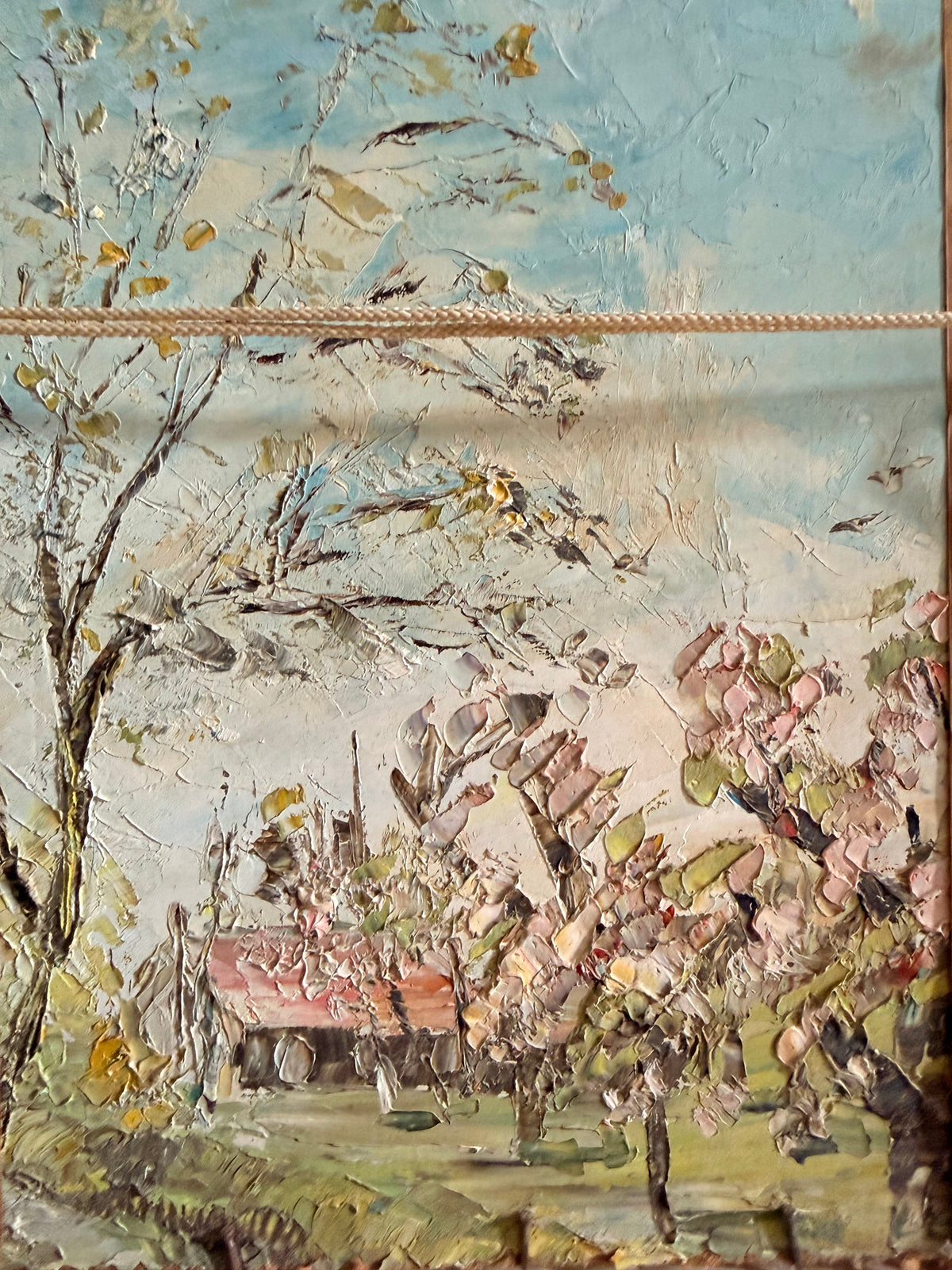 Roses: 1930s Double-Sided Painting with Blossom Trees on the Reverse and Original Gilt Frame