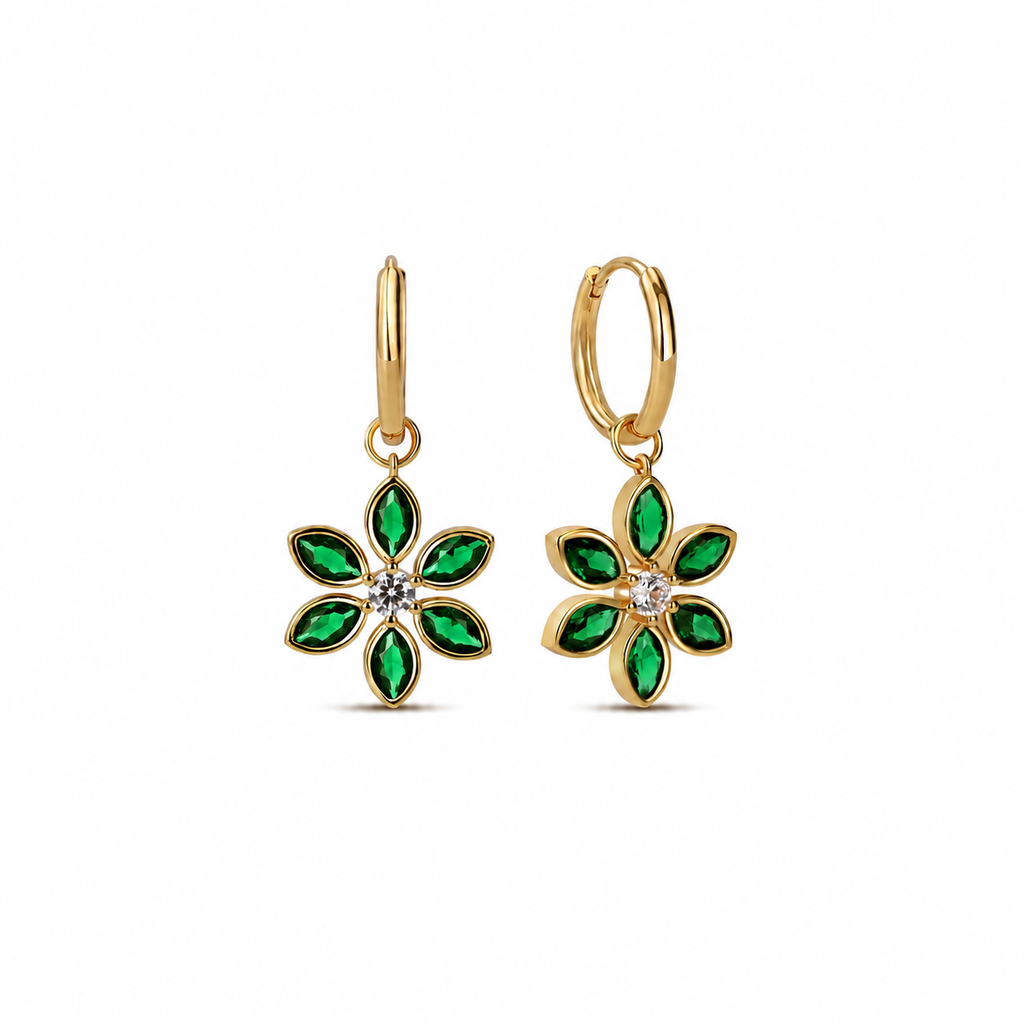 Floral Hoops in Emerald and White cubic Zirconia