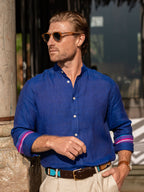 Royal Blue Linen Shirt - Grandfather Collar