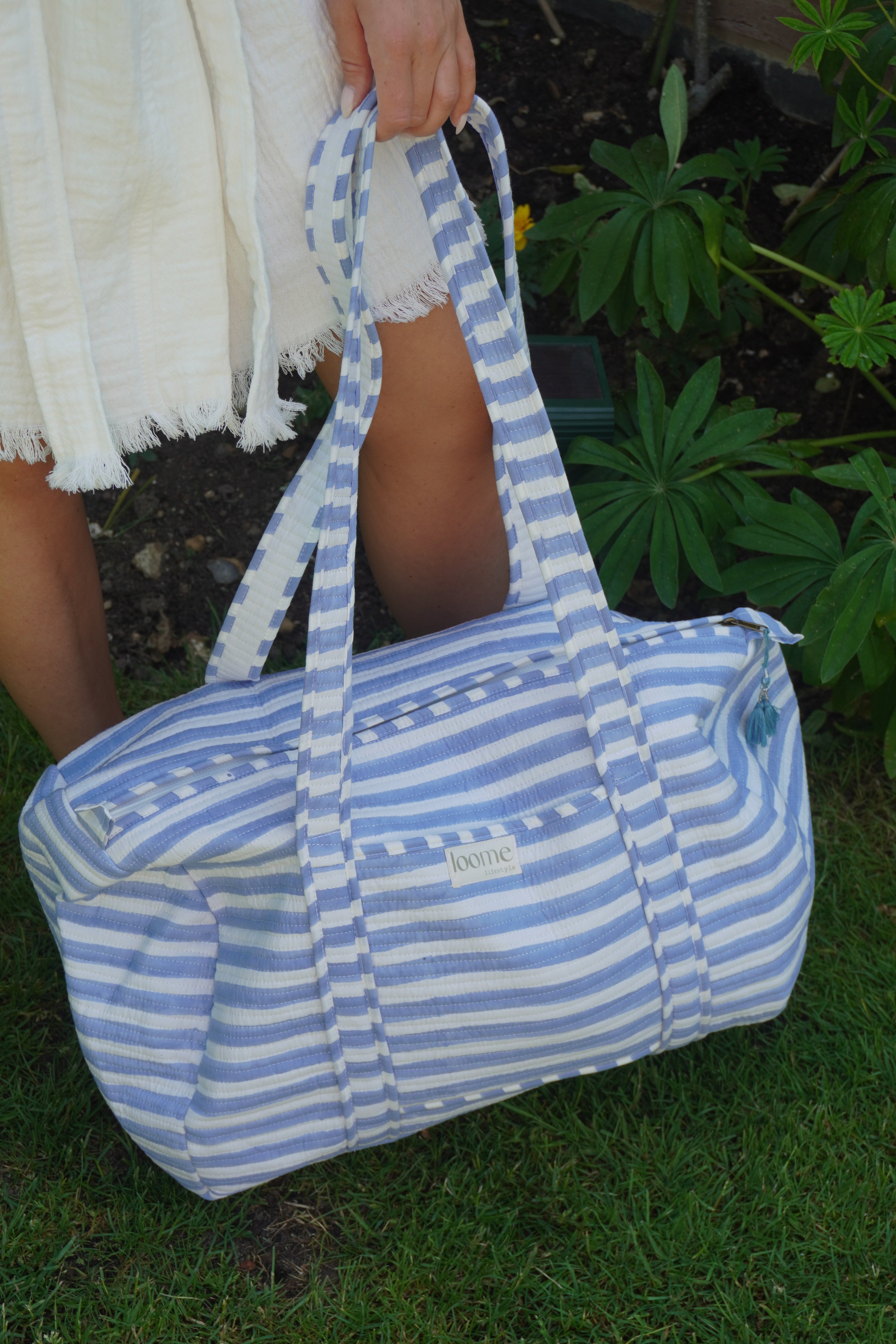 Hand Block Printed Duffle Bag – Blue Stripe